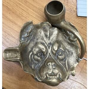 Antique Brass Bulldog Head Novelty Pipe/Cigar Ashtray Dish Match Holder